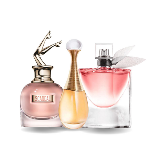 Sada 3 parfémů perfumes Jean Paul Gaultier SCANDAL, Dior J'ADORE e Lancôme LA VIE EST BELLE 100ml